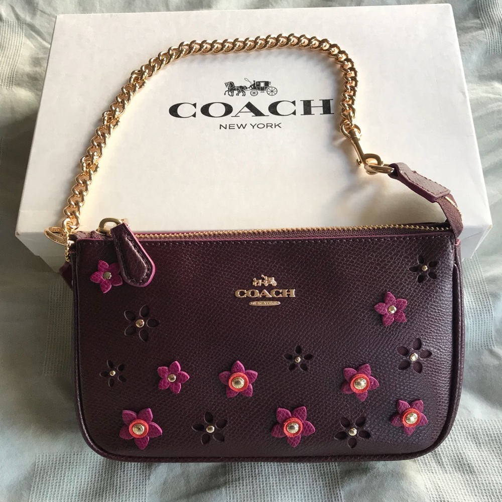 NEW! Coach gold chain & flowers large wristlet